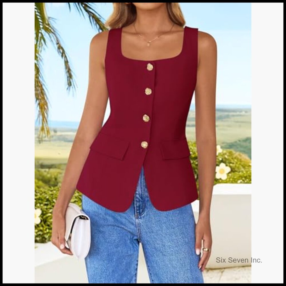 Polyester Blazer Vest Square Neck Sleeveless Wais… - image 2